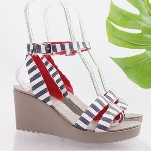 CROCS Blue and Red Wedge Sandals with Modern Design